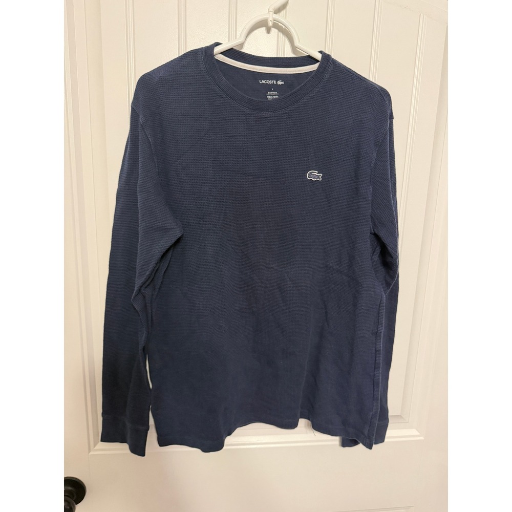 Lacoste Sleepwear Top Mens Large Navy Blue Waffle Knit Embroidered Logo EUC